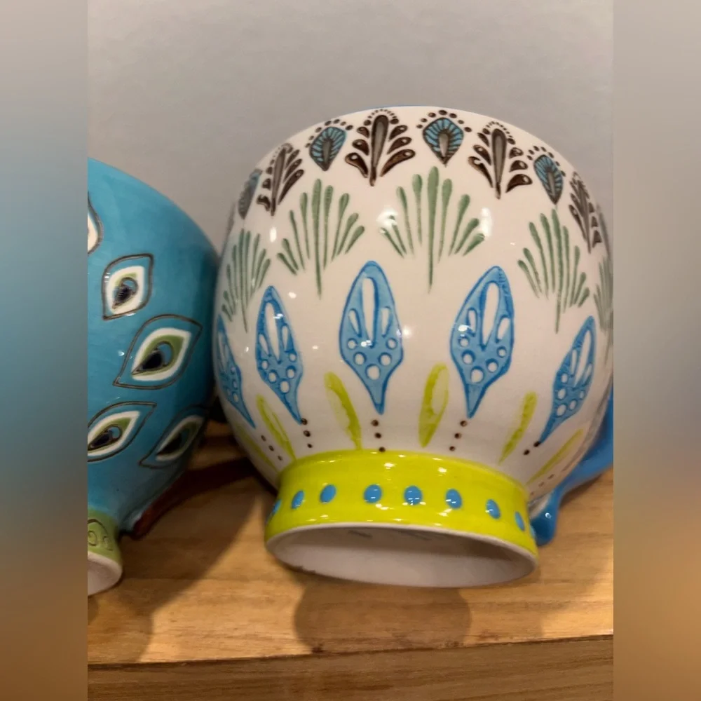 Set of 2 Pier 1 Imports Dolomite Ellie Peacock Hand Painted Footed Mugs 16oz